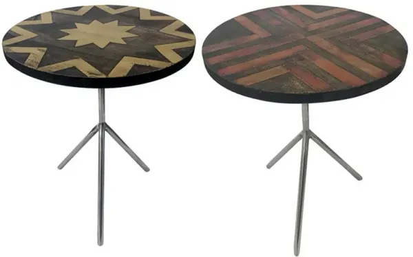 Benjara 19 Inch Side Tables Set of 2, Inlay Designs, Metal Tripod Base, Wood, Black, Brown and Beige