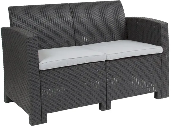 Flash Furniture Seneca Dark Gray Faux Rattan Loveseat with All-Weather Seneca Light Gray Cushions