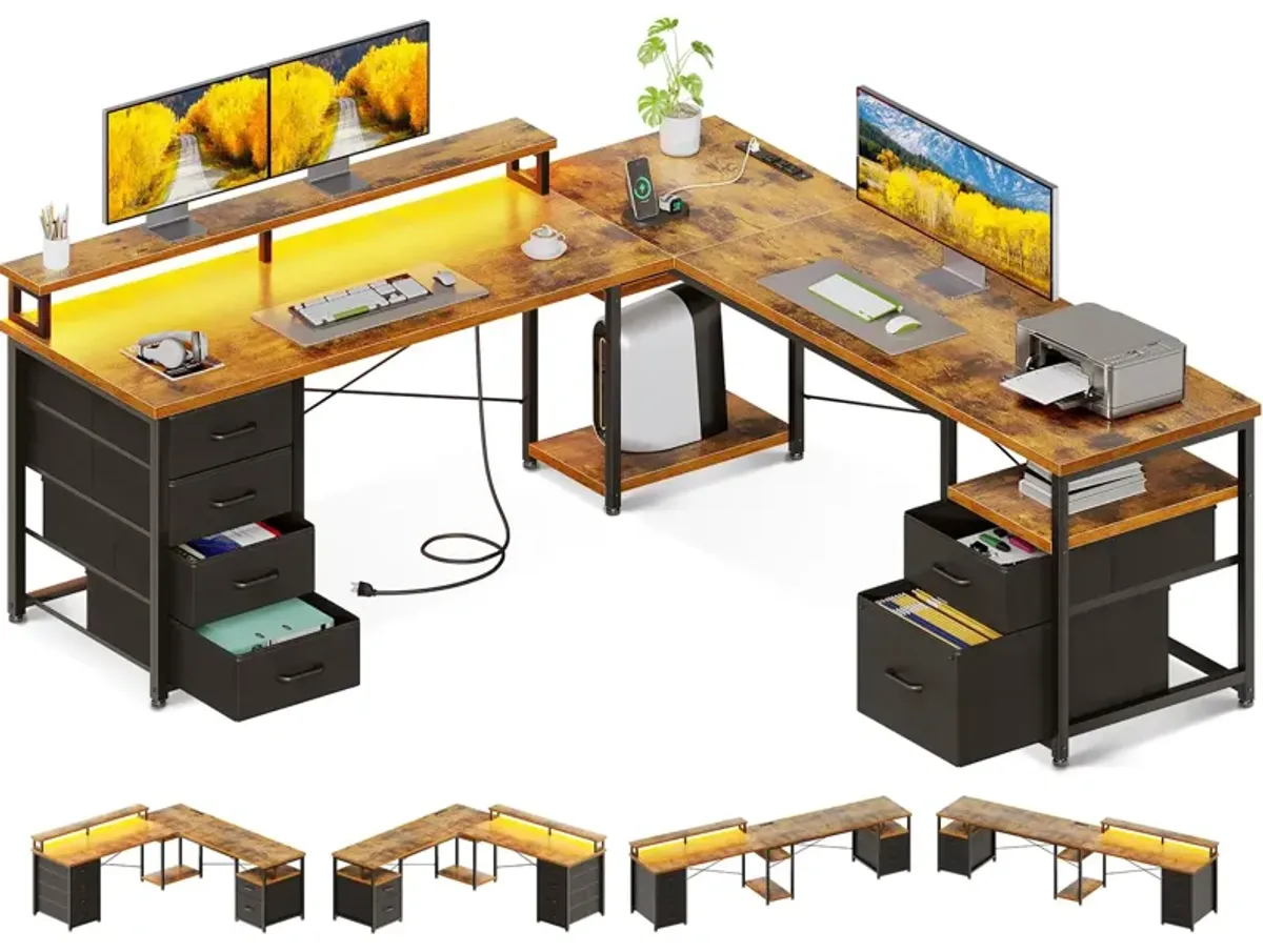 AODK 66 L Shaped Computer Desk, 113 Reversible Home Office Desk with File Cabinet & 4 Fabric Drawers, Two Person Desk with LED