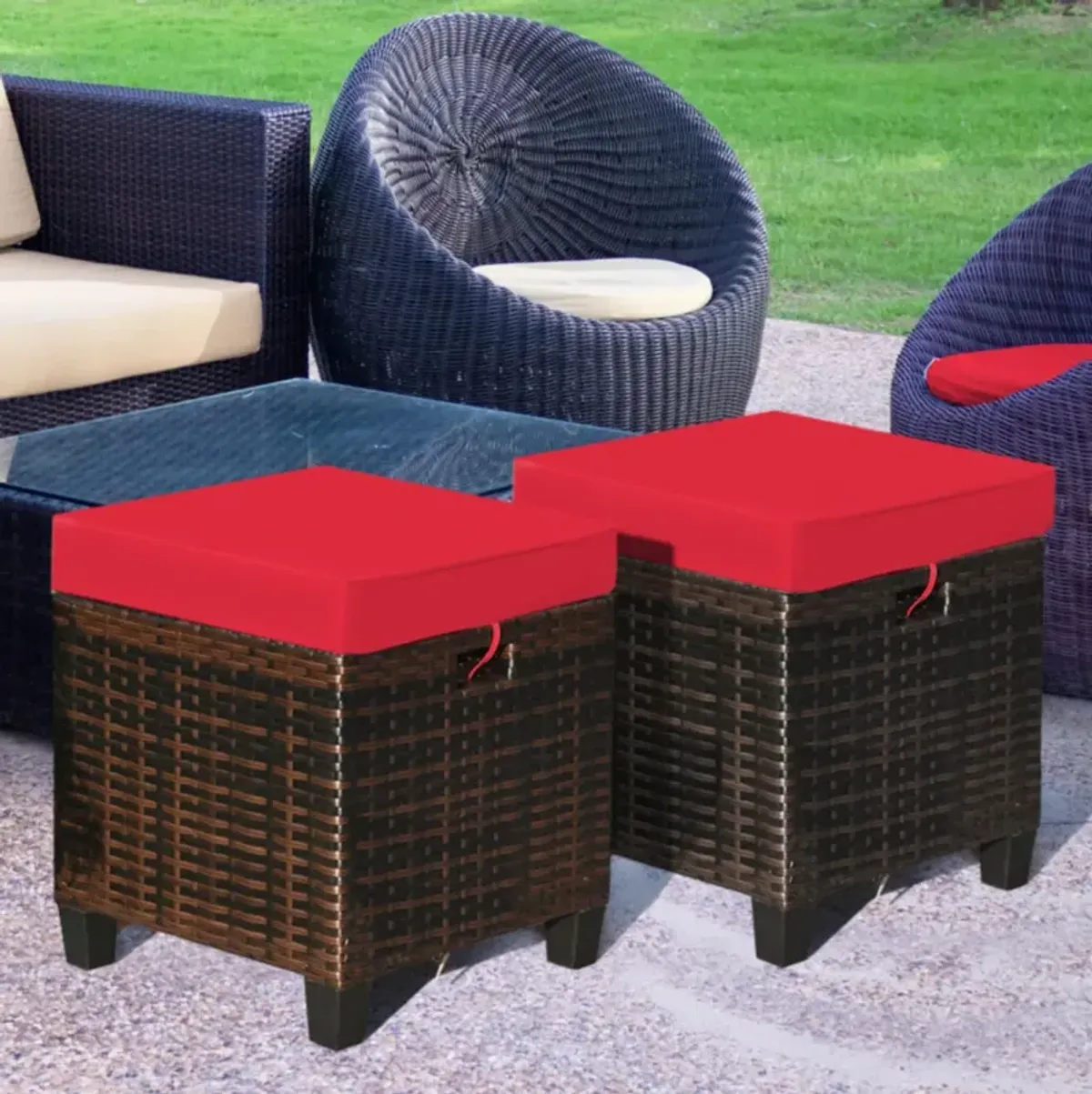 Hivvago 2 Pieces Patio Rattan Ottoman Set with Removable Cushions