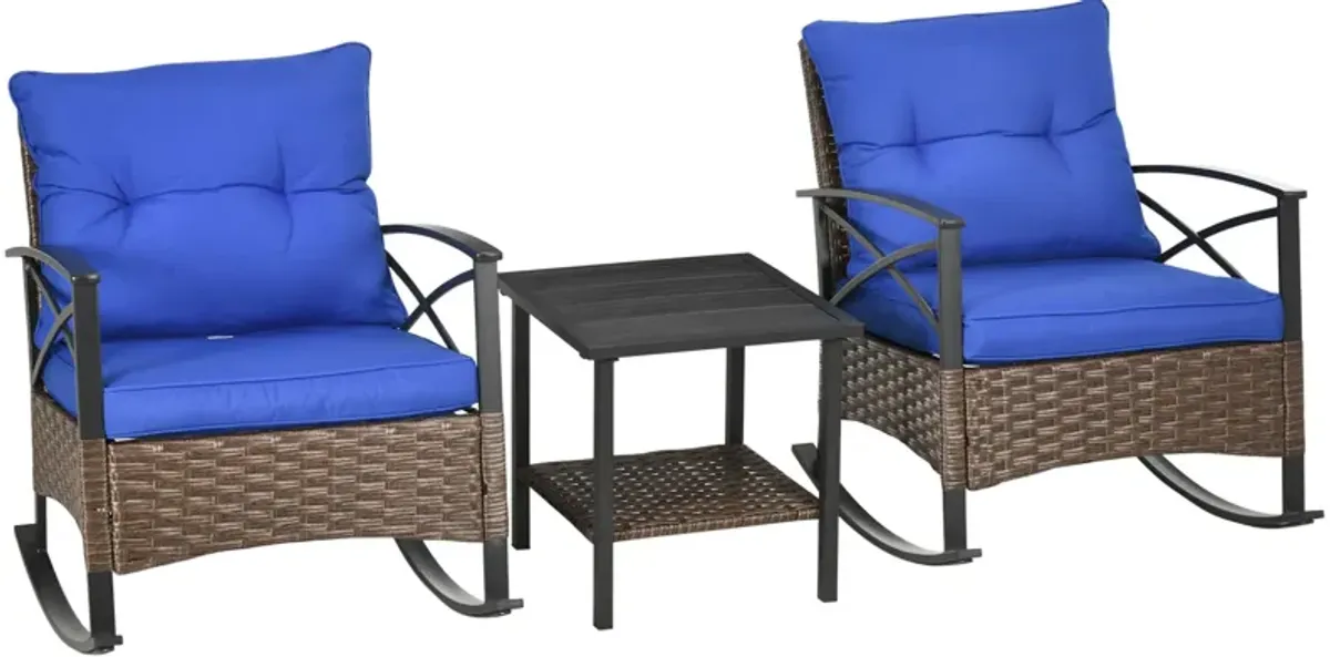 Outsunny 3 Piece Patio Rocking Chair Set, Outdoor Wicker Bistro Set with 2 Cushioned Porch Rockers, 2 Tier Coffee Table, for Gaden, Patio, Dark Blue