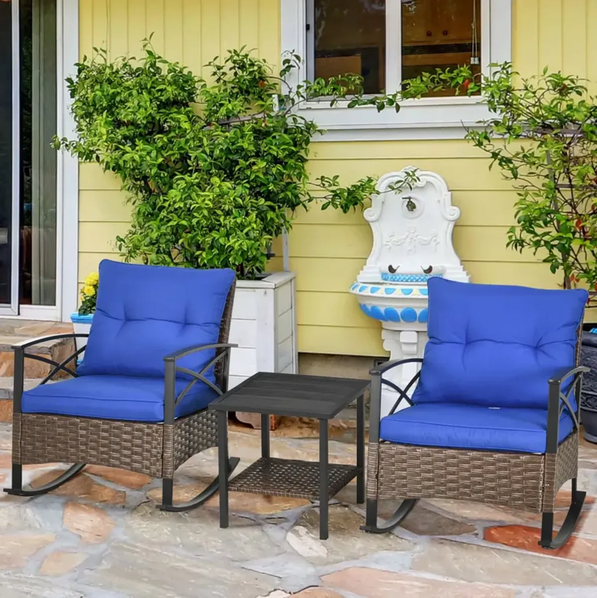 Outsunny 3 Piece Patio Rocking Chair Set, Outdoor Wicker Bistro Set with 2 Cushioned Porch Rockers, 2 Tier Coffee Table, for Gaden, Patio, Dark Blue