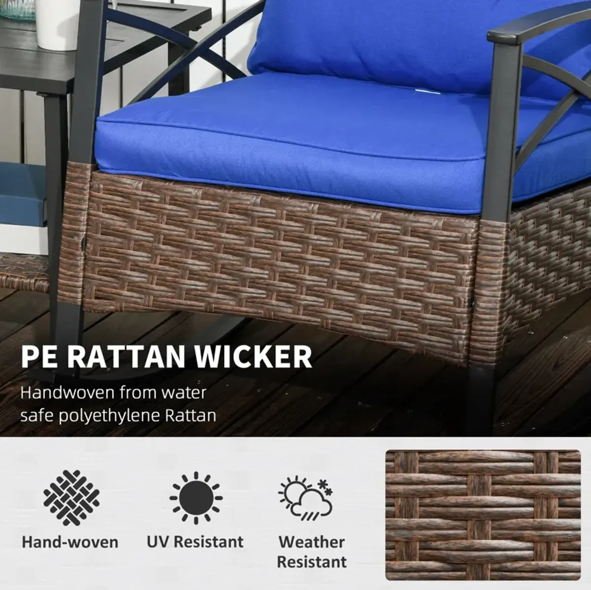 Outsunny 3 Piece Patio Rocking Chair Set, Outdoor Wicker Bistro Set with 2 Cushioned Porch Rockers, 2 Tier Coffee Table, for Gaden, Patio, Dark Blue