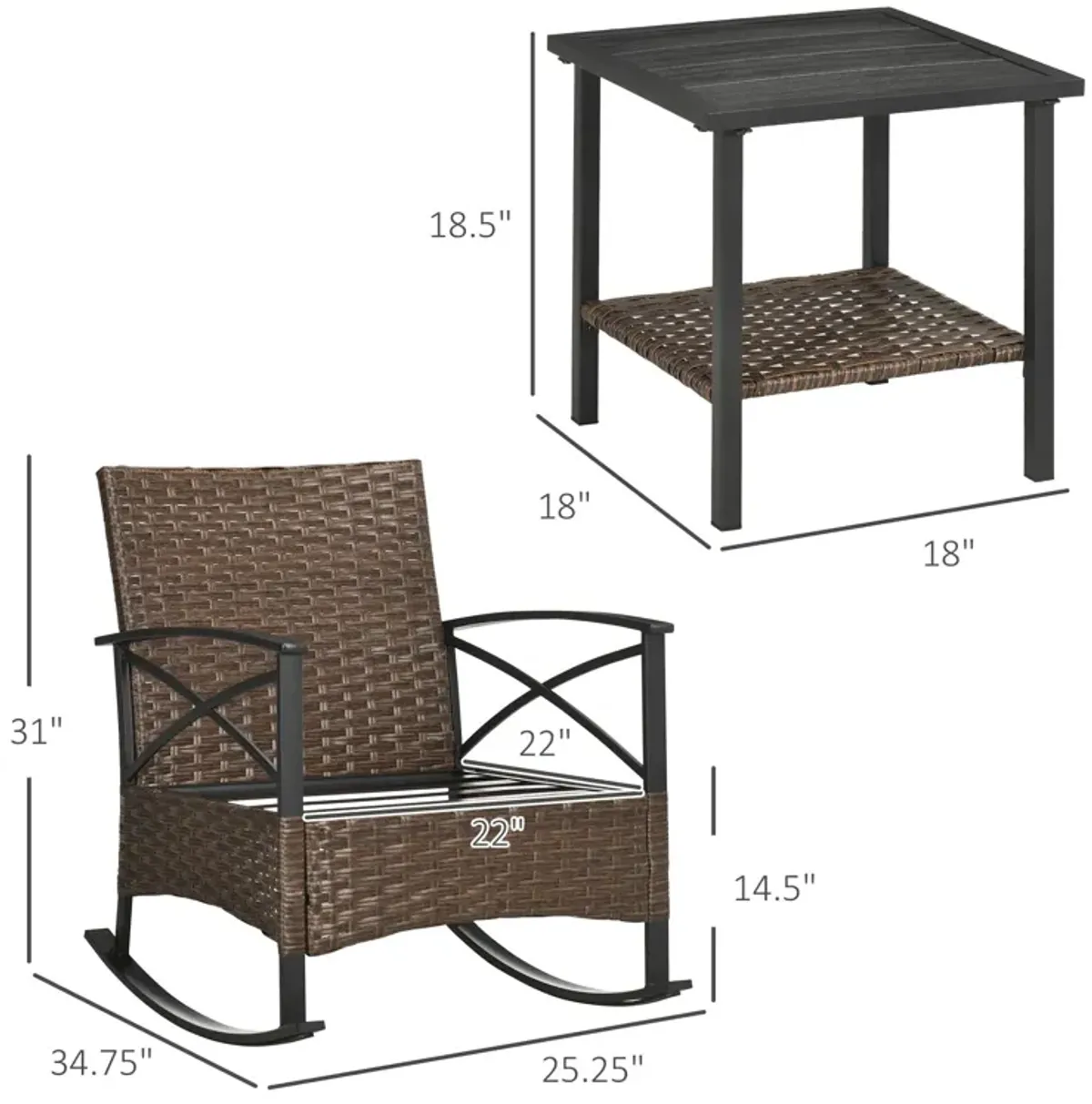 Outsunny 3 Piece Patio Rocking Chair Set, Outdoor Wicker Bistro Set with 2 Cushioned Porch Rockers, 2 Tier Coffee Table, for Gaden, Patio, Dark Blue