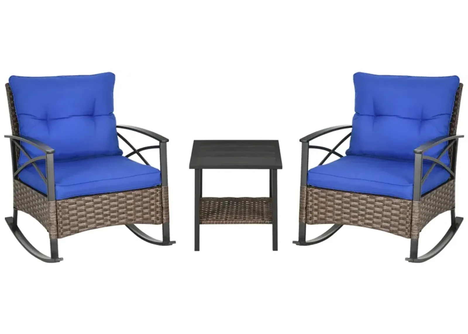 Outsunny 3 Piece Patio Rocking Chair Set, Outdoor Wicker Bistro Set with 2 Cushioned Porch Rockers, 2 Tier Coffee Table, for Gaden, Patio, Dark Blue