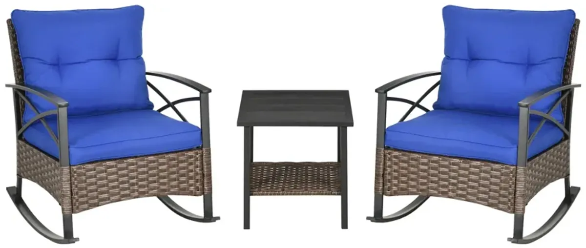 Outsunny 3 Piece Patio Rocking Chair Set, Outdoor Wicker Bistro Set with 2 Cushioned Porch Rockers, 2 Tier Coffee Table, for Gaden, Patio, Dark Blue