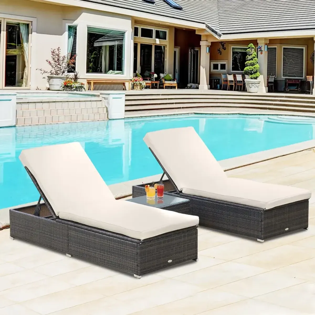 Brown Poolside Comfort: 2 Adjustable Lounge Chairs with Table