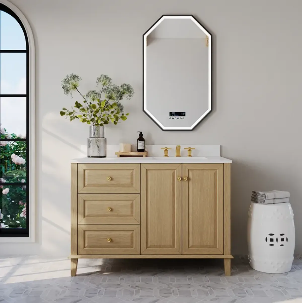 Hannah 42 in. Off Centered Right Basin Vanity Set in Oak finish with White Quartz Vanity top