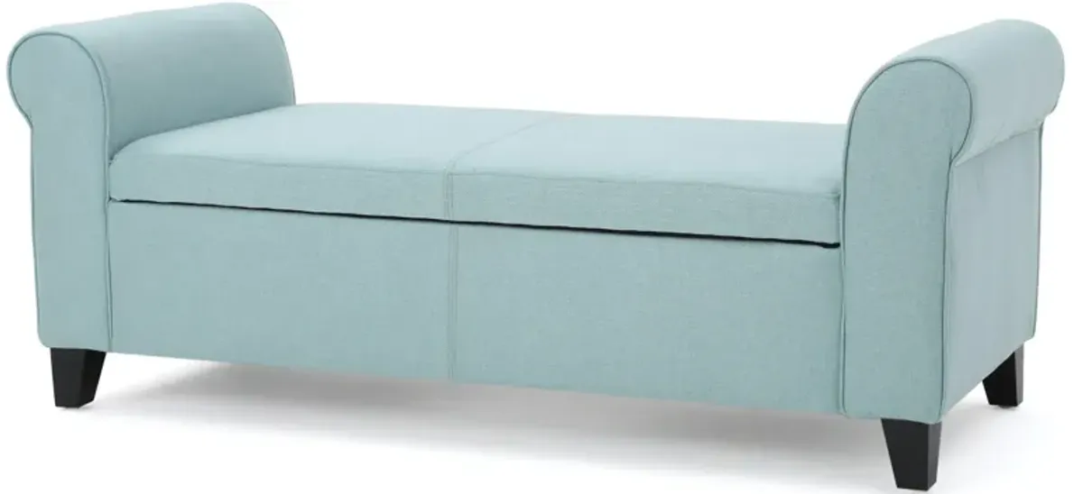 Jacob Storage Ottoman Bench, Rolled Arms, Blue Fabric, Black, 50 Inch -Benzara