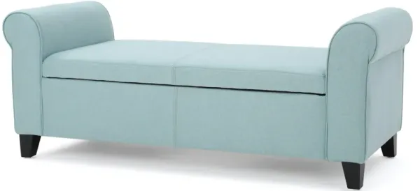 Jacob Storage Ottoman Bench, Rolled Arms, Blue Fabric, Black, 50 Inch - Benzara