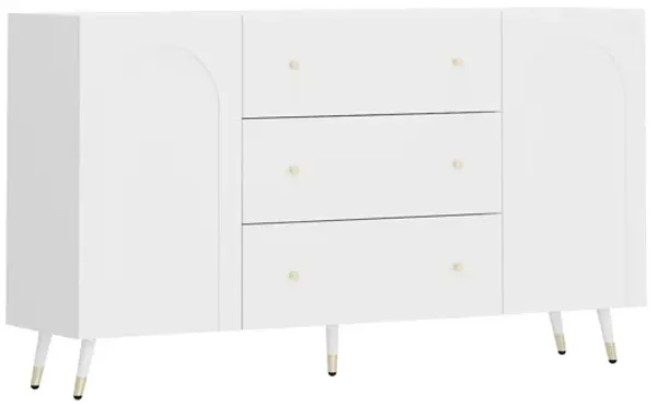 FUFU&GAGA Modern White Sideboard with Two Doors and Three Drawers, Gold Tapered Handles, and Storage Shelf (63" W x 15.7" D x 35.4" H), White
