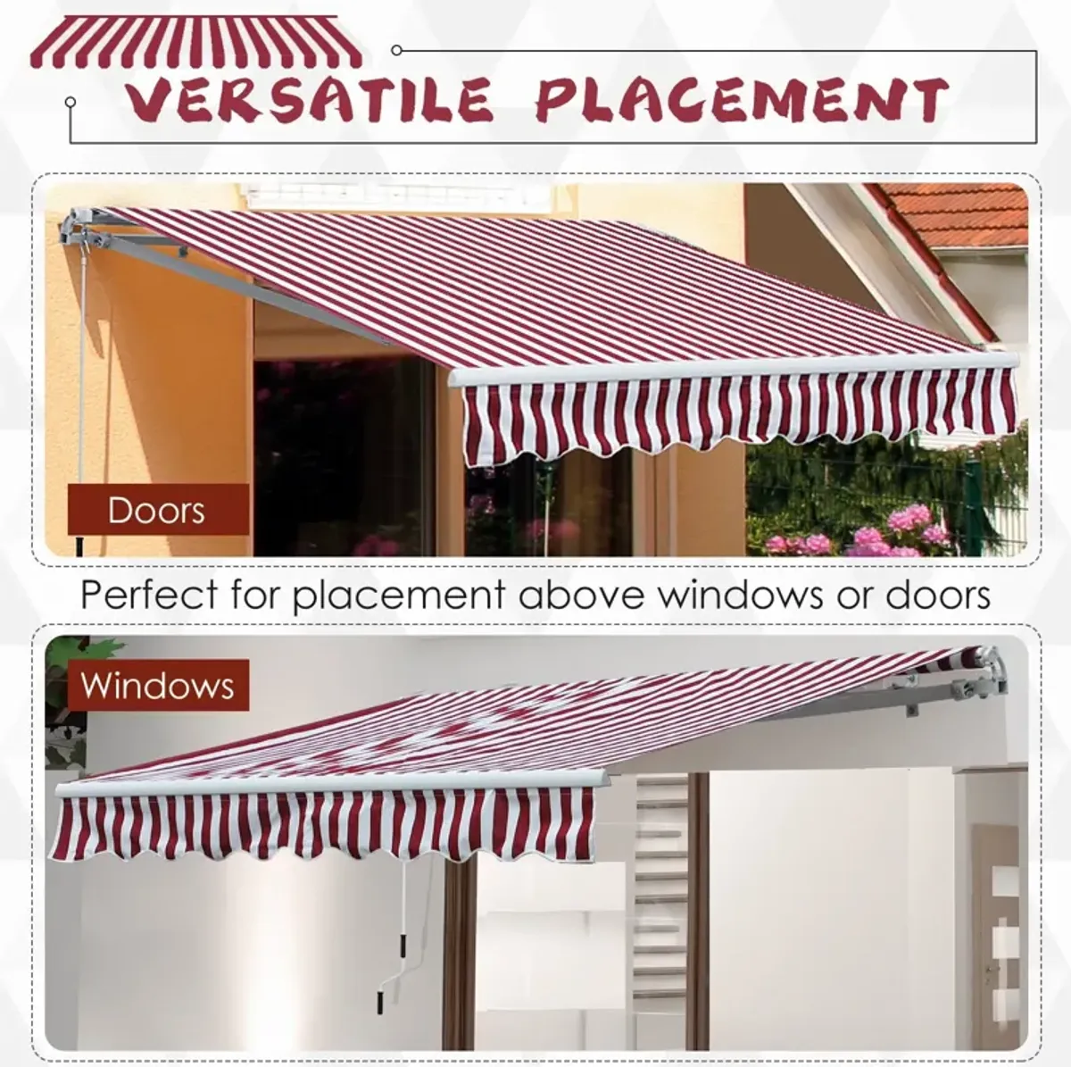 Burgundy Striped Shade: 10x8 Ft Retractable Cranking Patio Awning