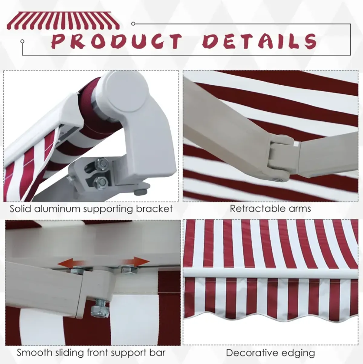 Burgundy Striped Shade: 10x8 Ft Retractable Cranking Patio Awning