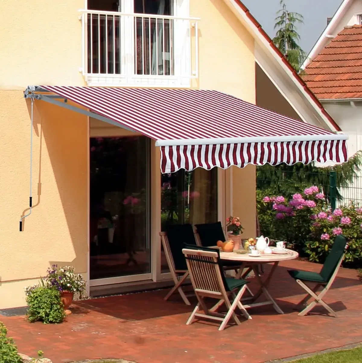 Burgundy Striped Shade: 10x8 Ft Retractable Cranking Patio Awning