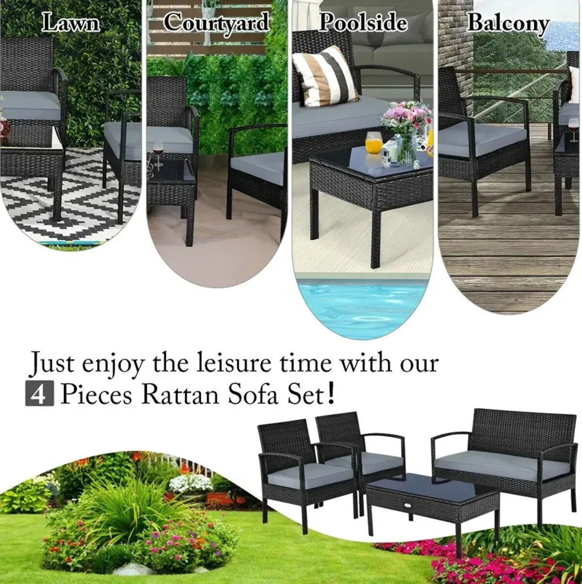 4 Pieces Patio Rattan Cushioned Furniture Set with Loveseat and Table