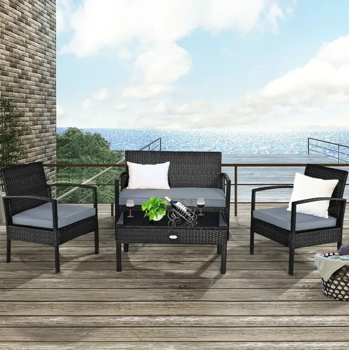 4 Pieces Patio Rattan Cushioned Furniture Set with Loveseat and Table