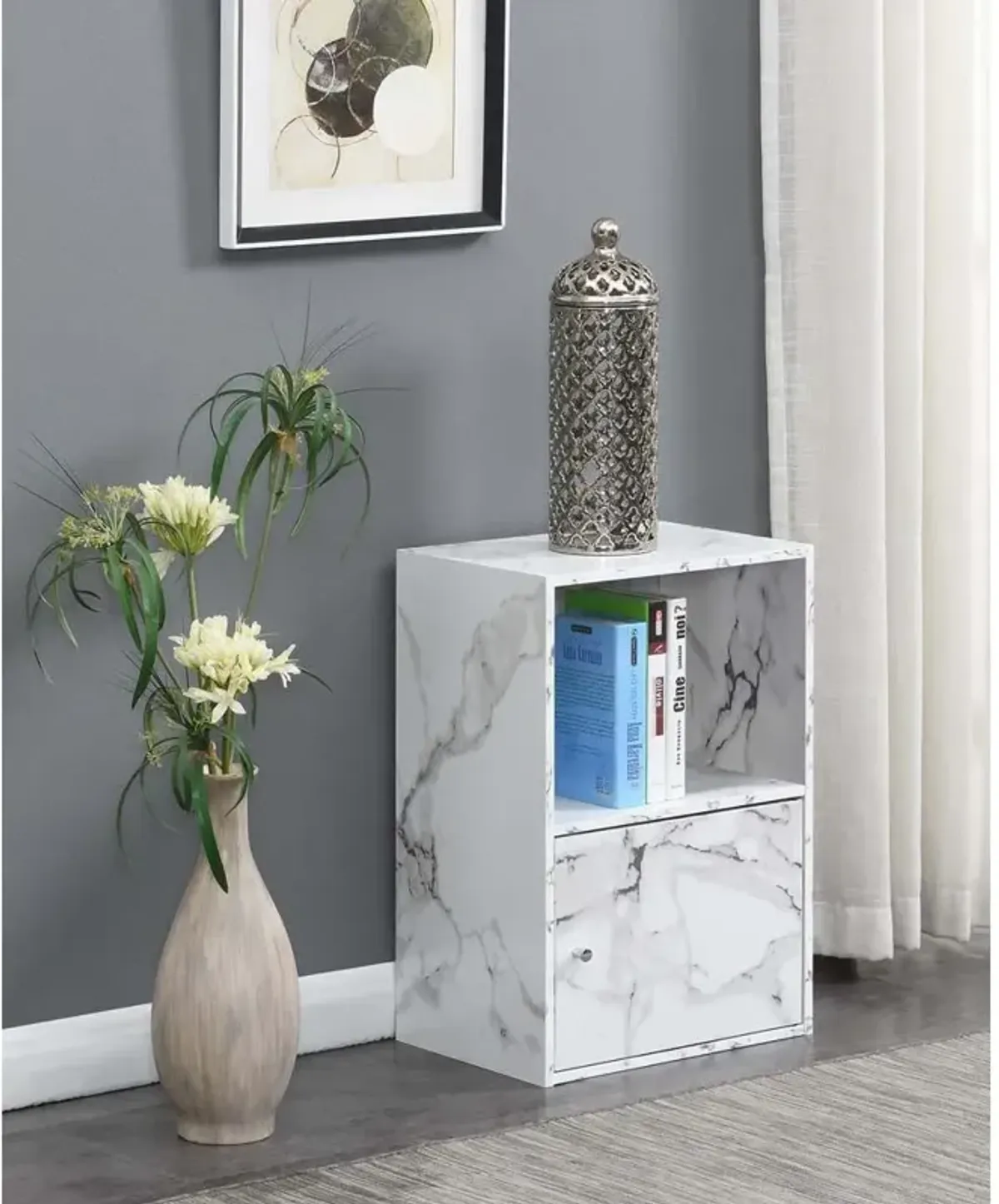 Convenience Concepts Xtra Storage 1 Door Cabinet with Shelf, White Faux Marble