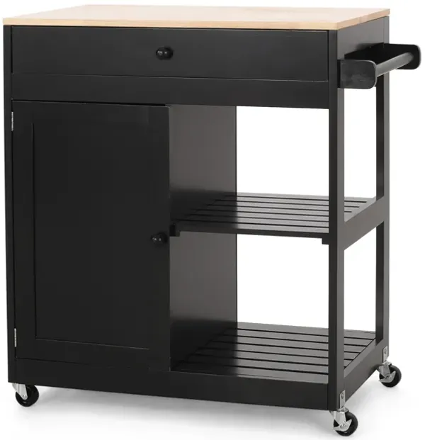 Kitchen Bar Cart with Storage and Towel Holder, 35 Inch Black Wood - Benzara