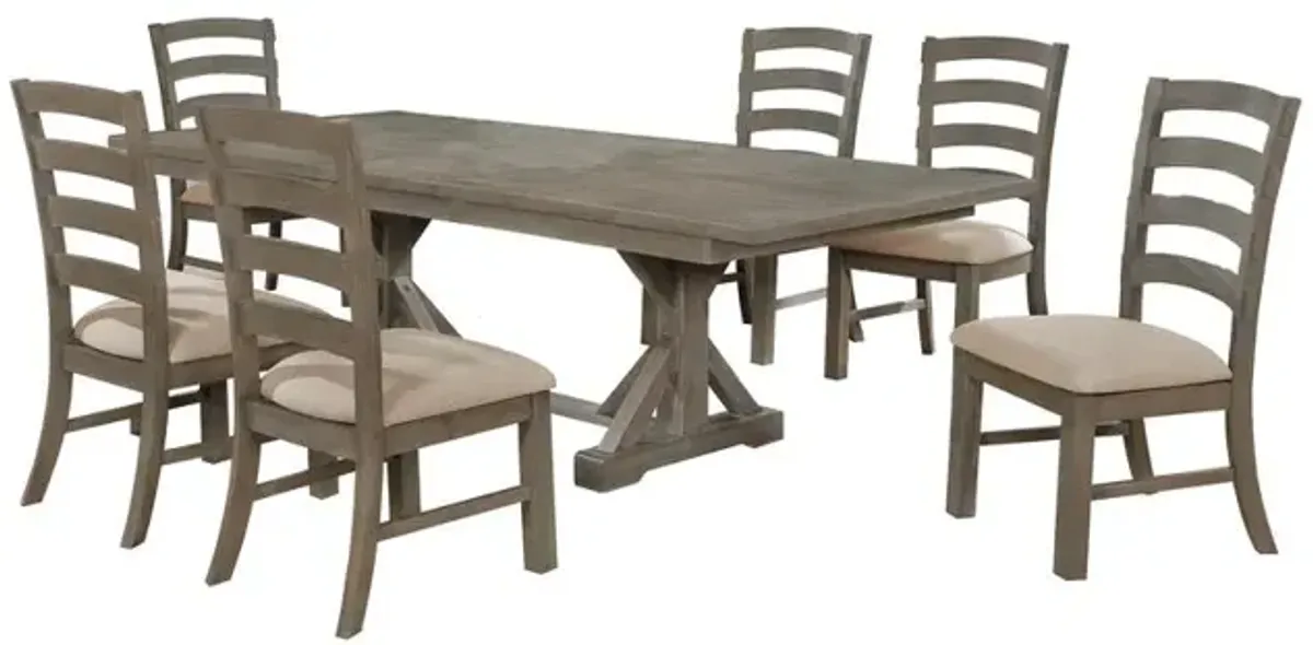 7 Piece Dining Set Extendable w/18"Center Leaf Extension & 6 Ladder-Back Chairs in Beige Linen