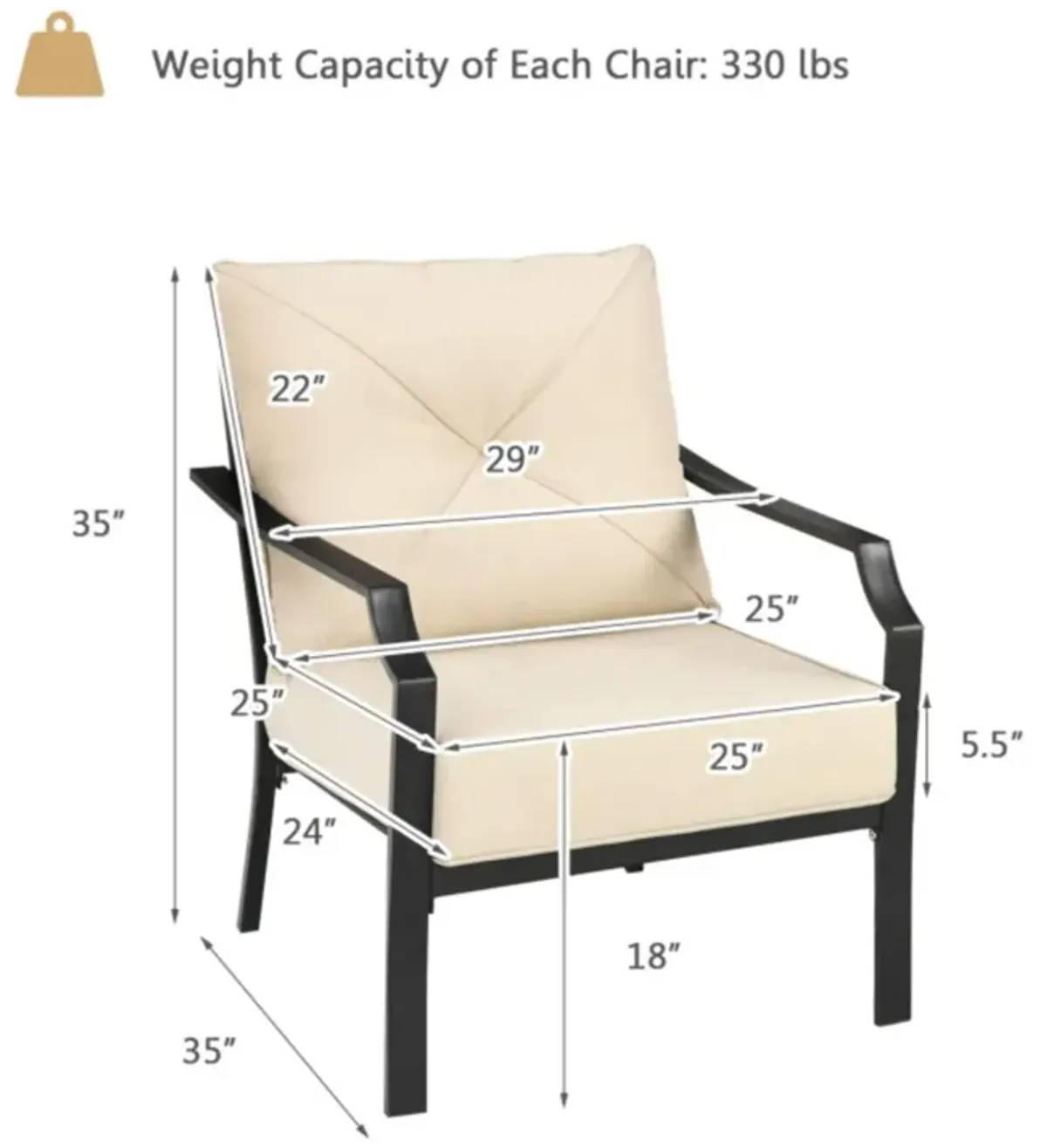 Hivvago 2 Pieces Patio Dining Set with Padded Cushions Armrest Steel Frame