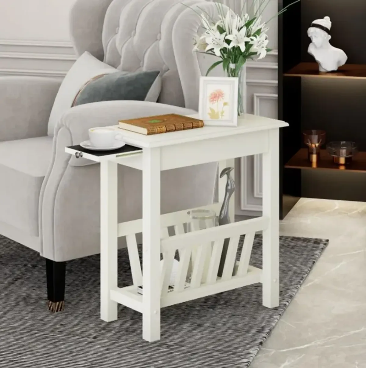 Hivvago 2-Tier End Table with Pull-out Tray and Solid Rubber Wood Legs