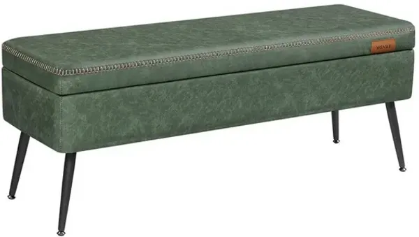 Fyn 47 Inch Storage Ottoman Bench, Black Steel Legs, Green Faux Leather - Benzara