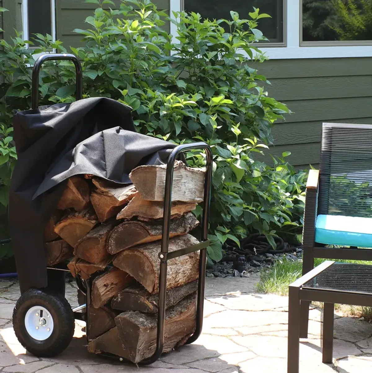 Sunnydaze Steel Log Cart Carrier and Storage Rack with Wheels and Cover