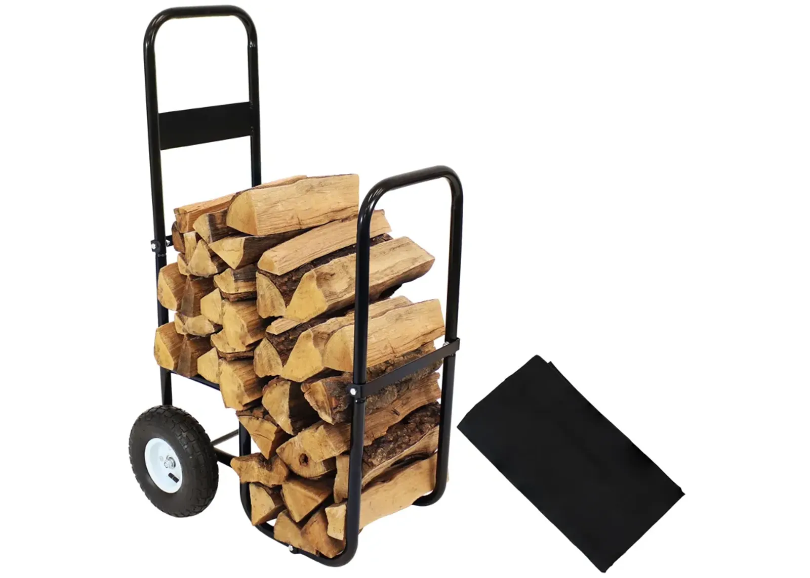 Sunnydaze Steel Log Cart Carrier and Storage Rack with Wheels and Cover