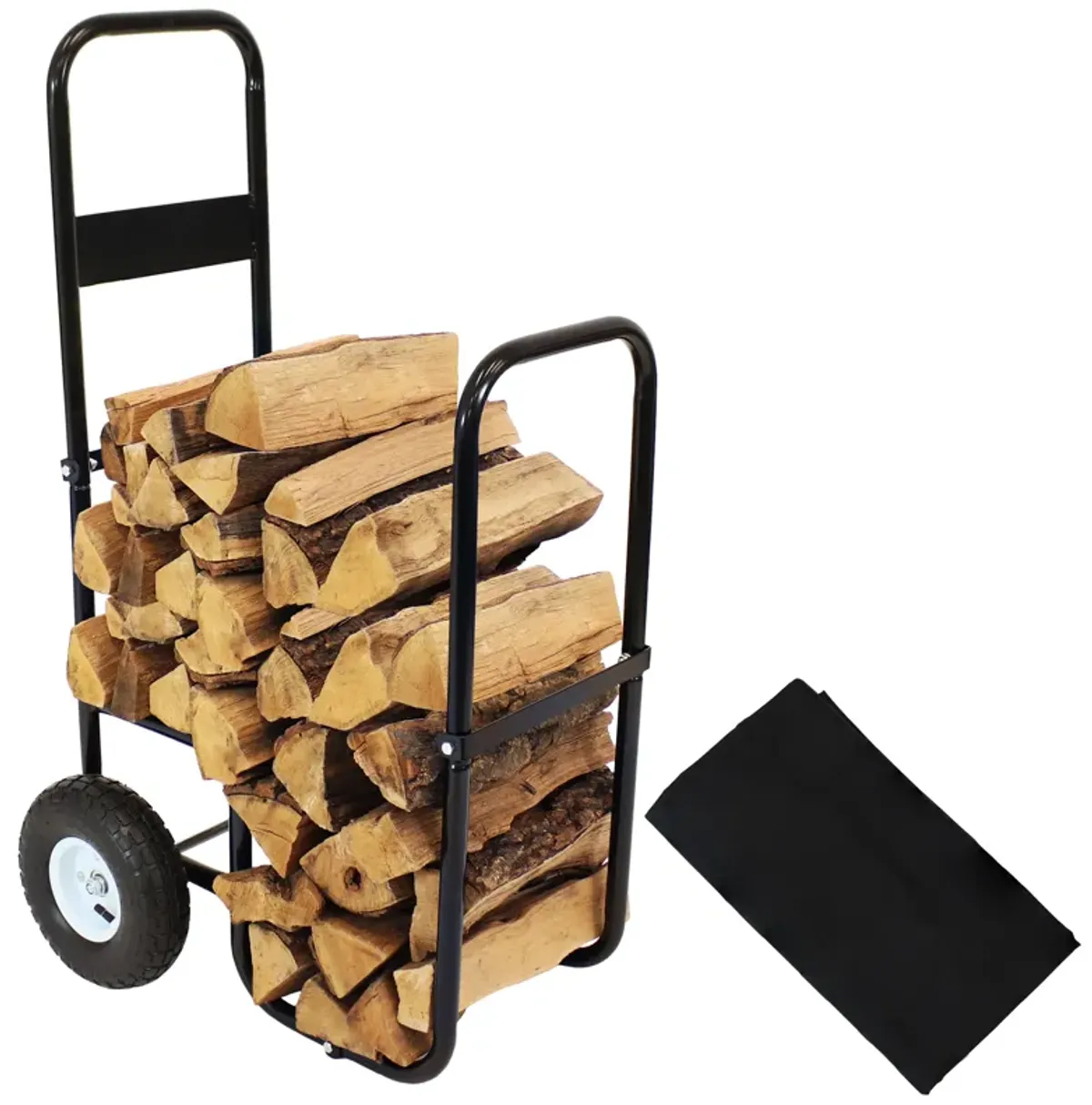 Sunnydaze Steel Log Cart Carrier and Storage Rack with Wheels and Cover