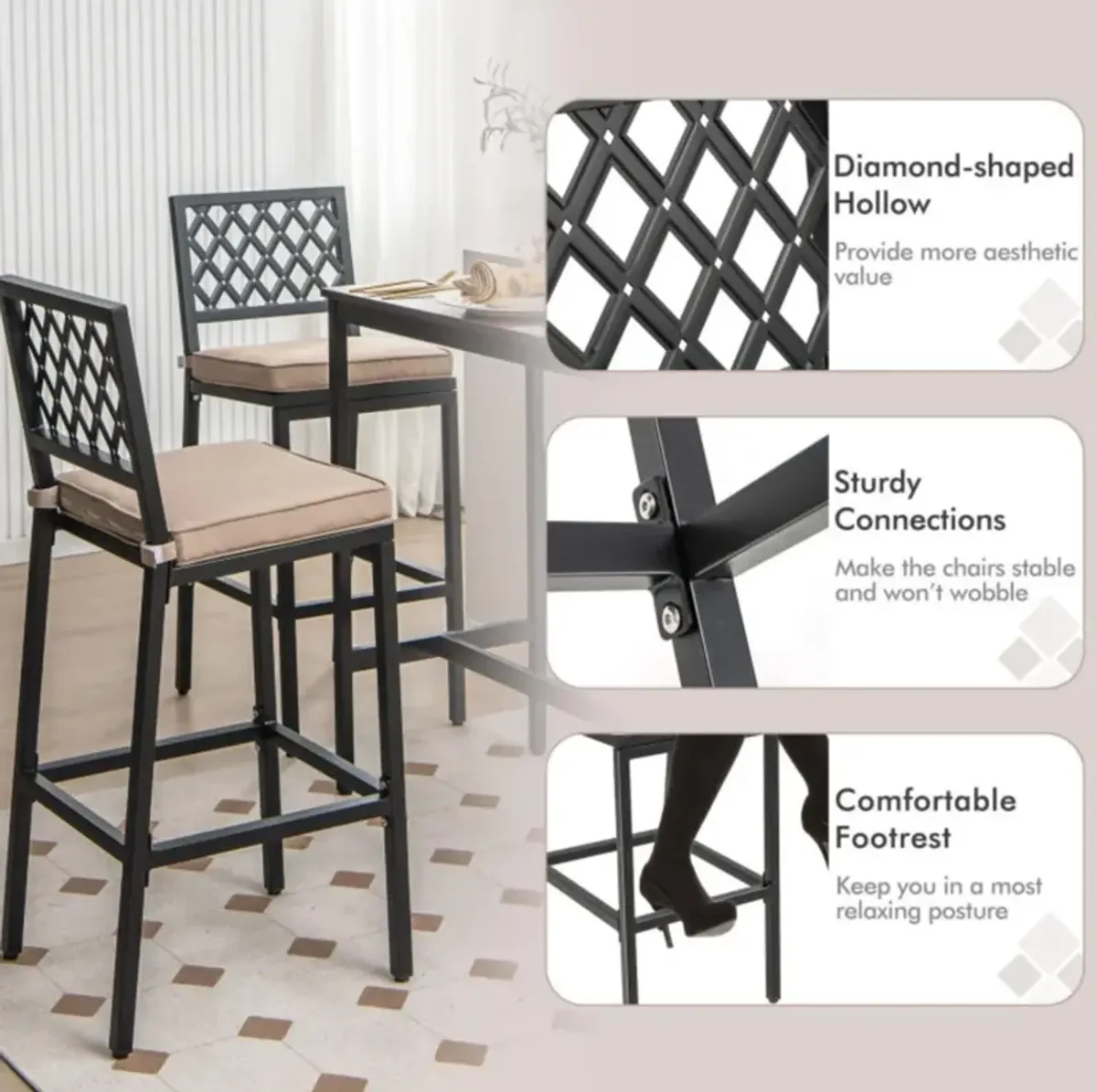 Hivvago Patio Bar Chairs with Detachable Cushion and Footrest