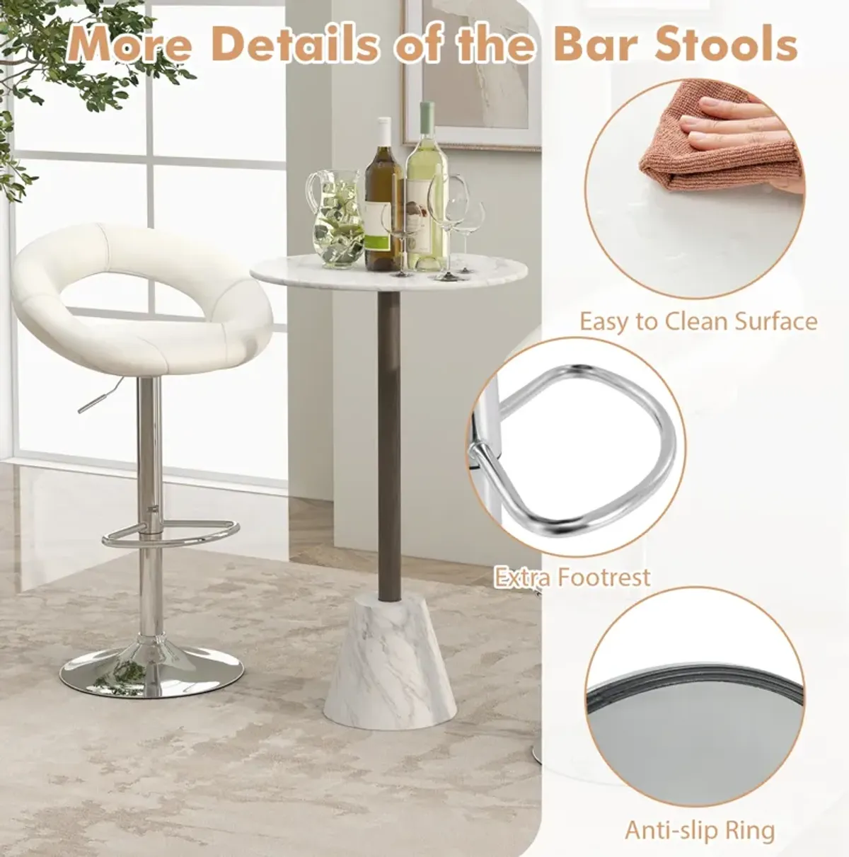 Set of 2 Bar Stools Adjustable PU Leather Swivel Chairs-White