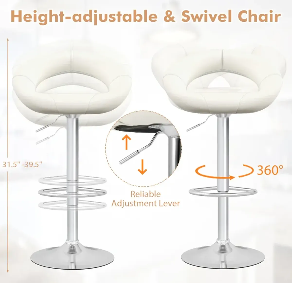 Set of 2 Bar Stools Adjustable PU Leather Swivel Chairs-White