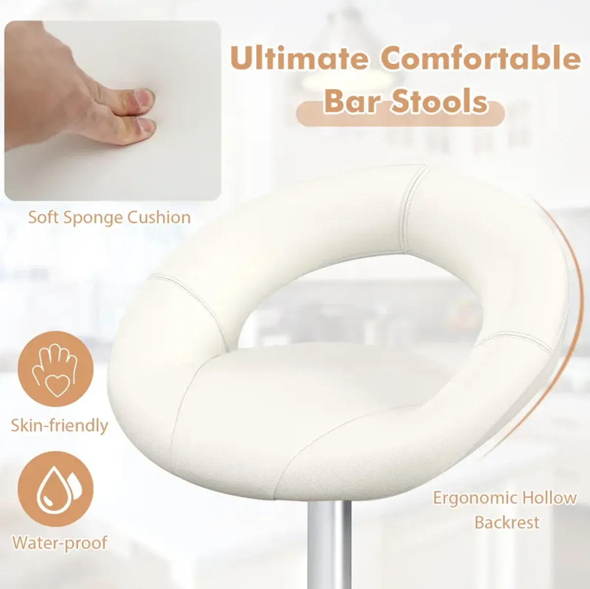 Set of 2 Bar Stools Adjustable PU Leather Swivel Chairs-White