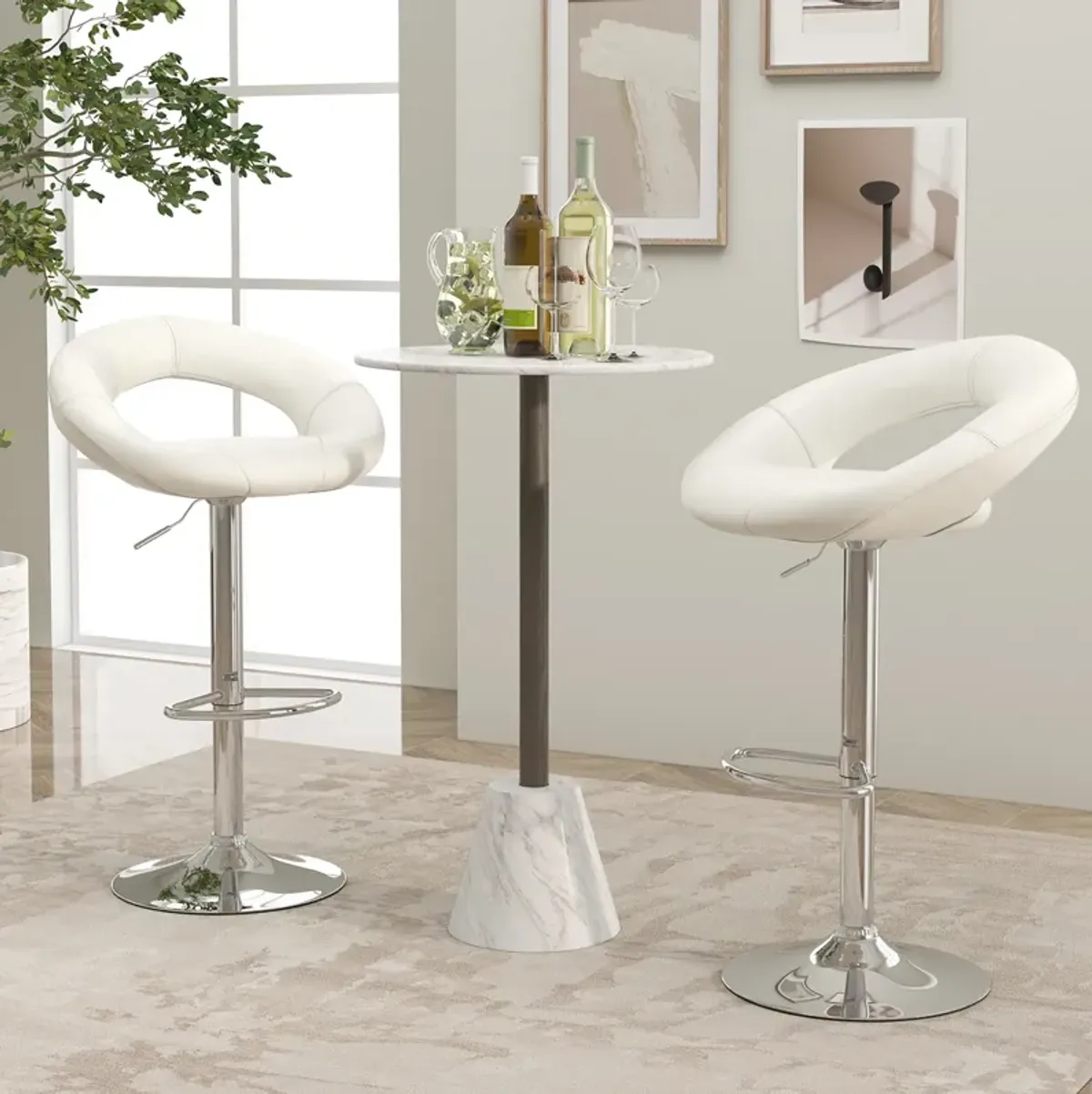 Set of 2 Bar Stools Adjustable PU Leather Swivel Chairs-White