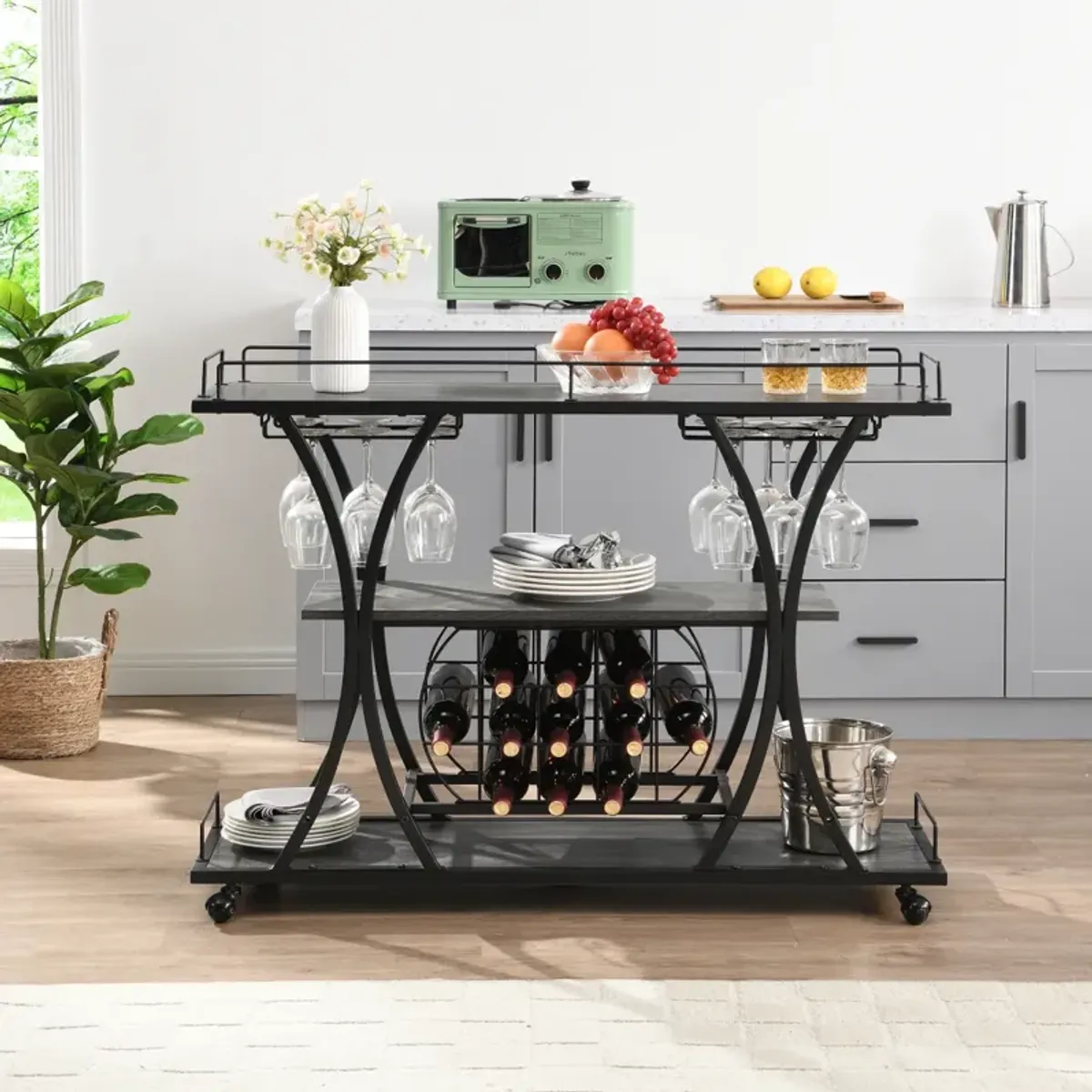 Industrial Bar Cart Kitchen Bar Serving Cart For Home With Wheels 3 - Tier Storage Shelves