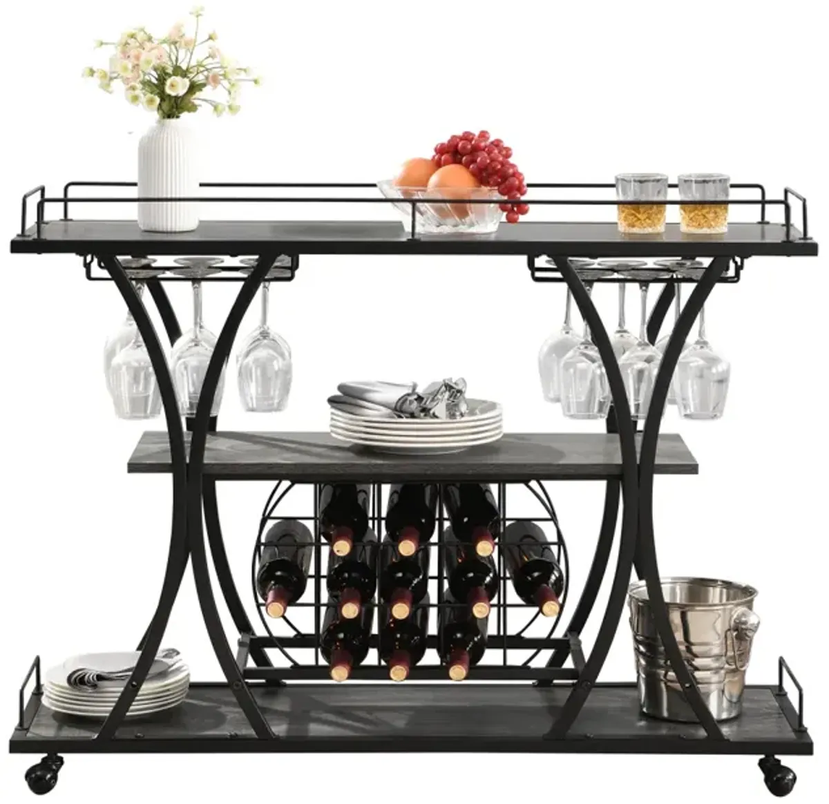 Industrial Bar Cart Kitchen Bar Serving Cart For Home With Wheels 3 - Tier Storage Shelves