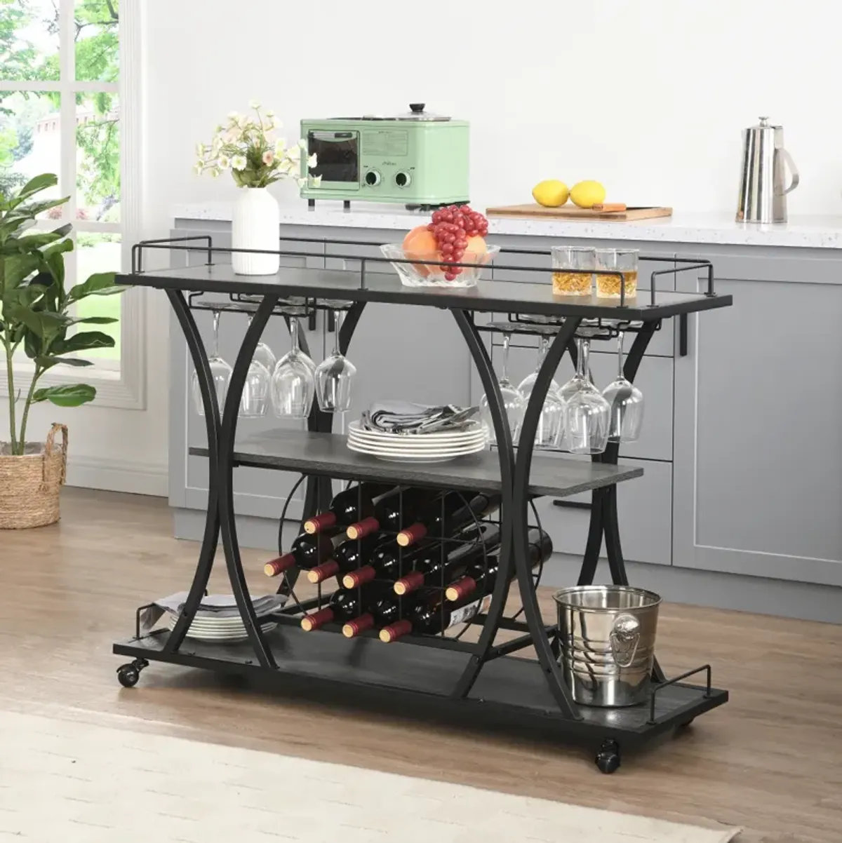 Industrial Bar Cart Kitchen Bar Serving Cart For Home With Wheels 3 - Tier Storage Shelves