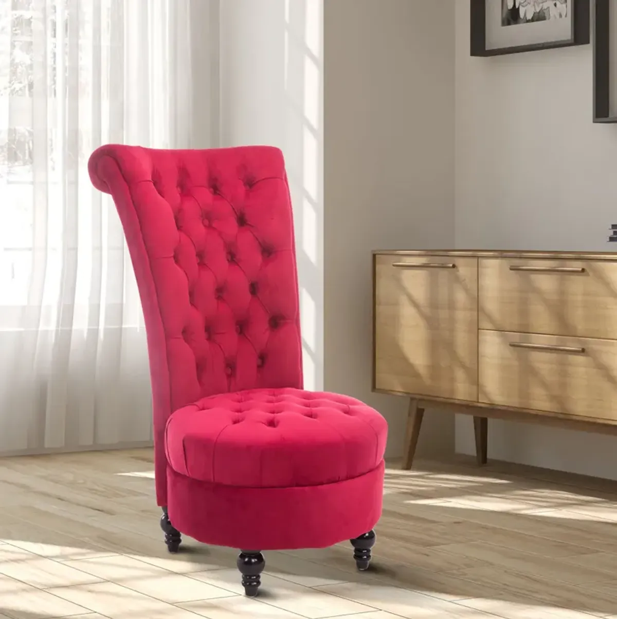 HOMCOM High Back Accent Chair, Upholstered Armless Chair, Retro Button-Tufted Royal Design with Thick Padding and Rubberwood Leg for living Room, Dining room and Bedroom, Crimson Red