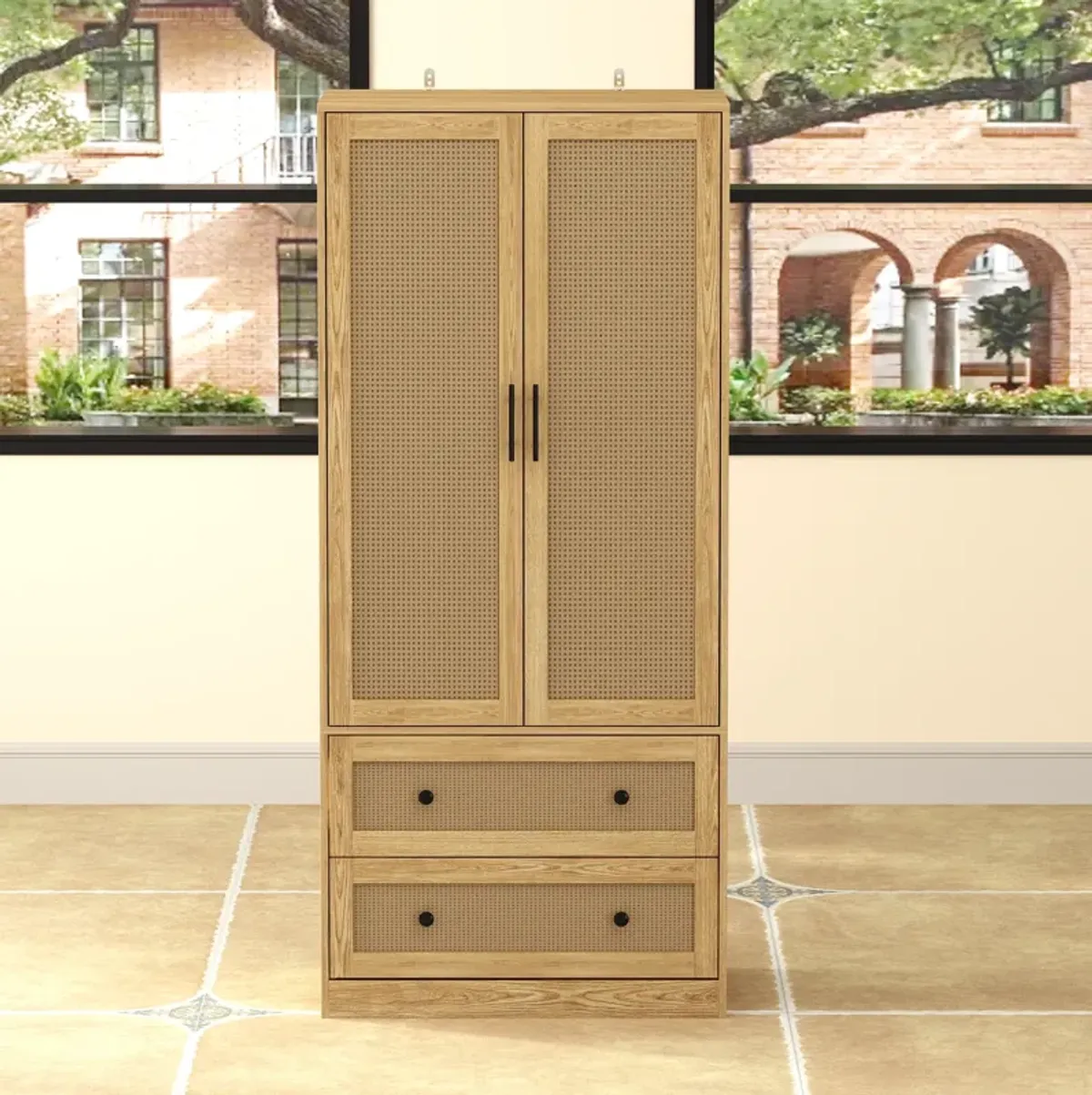 Brown Wooden Grain 31.4 in. Width Wooden Wardrobe, Armoire with 2-Tier Drawers and Hanging Bar