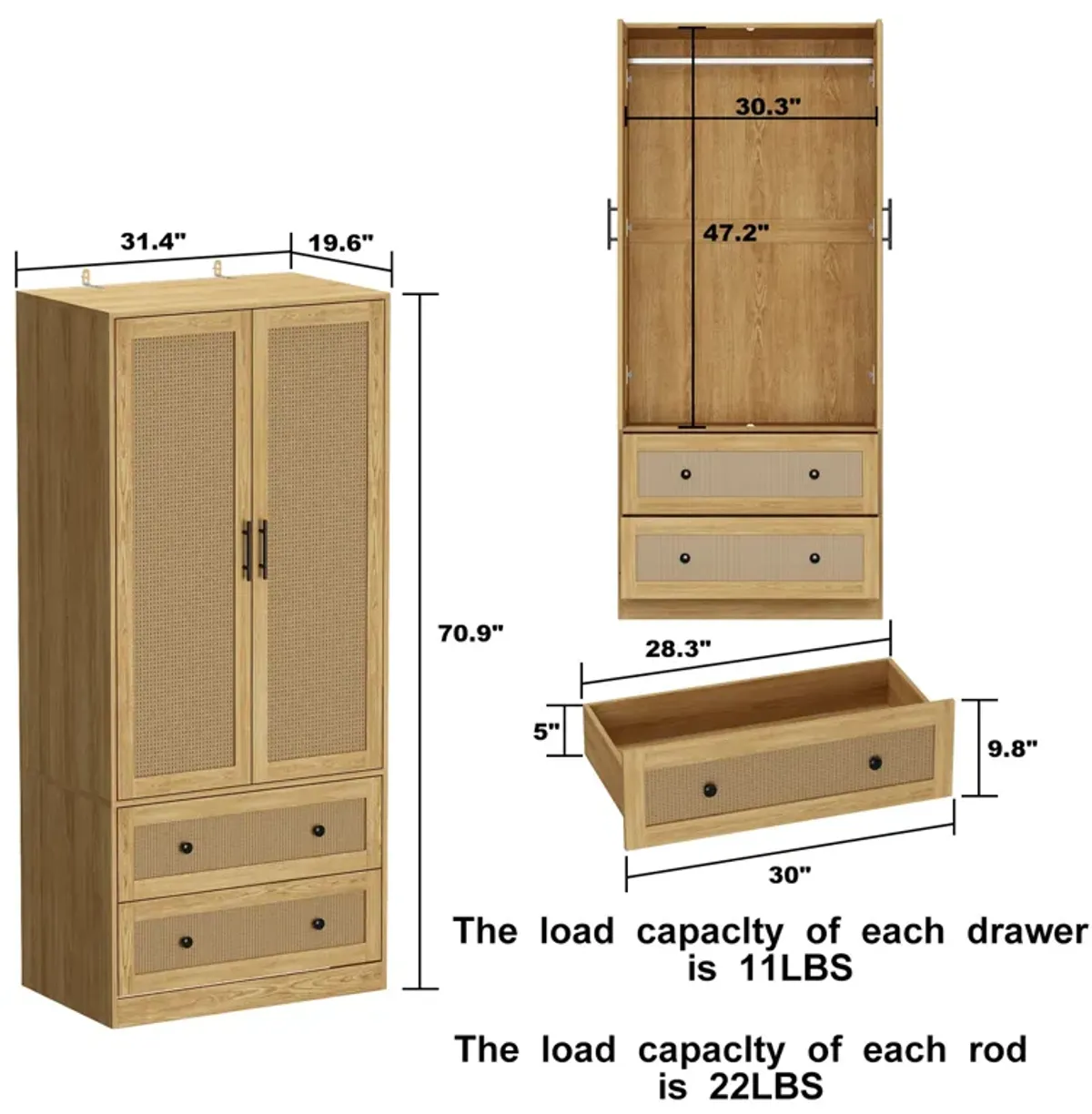 Brown Wooden Grain 31.4 in. Width Wooden Wardrobe, Armoire with 2-Tier Drawers and Hanging Bar