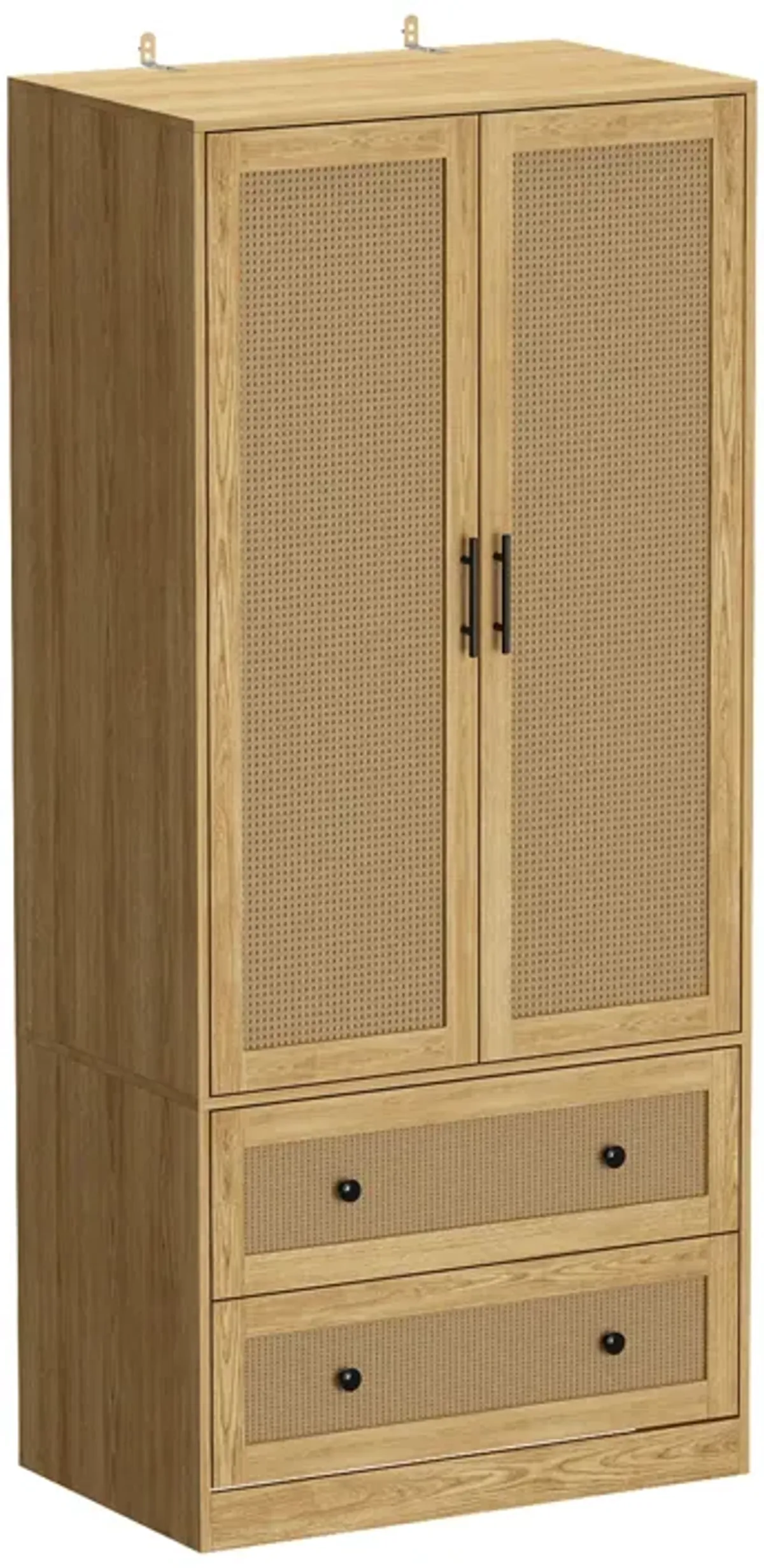 Brown Wooden Grain 31.4 in. Width Wooden Wardrobe, Armoire with 2-Tier Drawers and Hanging Bar