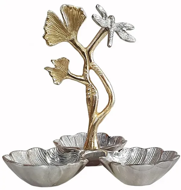 Keva 9 Inch Decorative Bowl, Curved Leaf Design, 2 Tone Gold, Silver Finish - Benzara