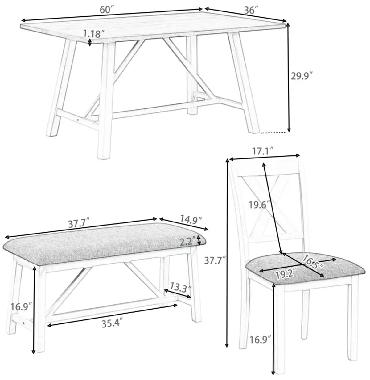 Merax 6 Pieces Dining Table Set with Bench and 4 Chairs