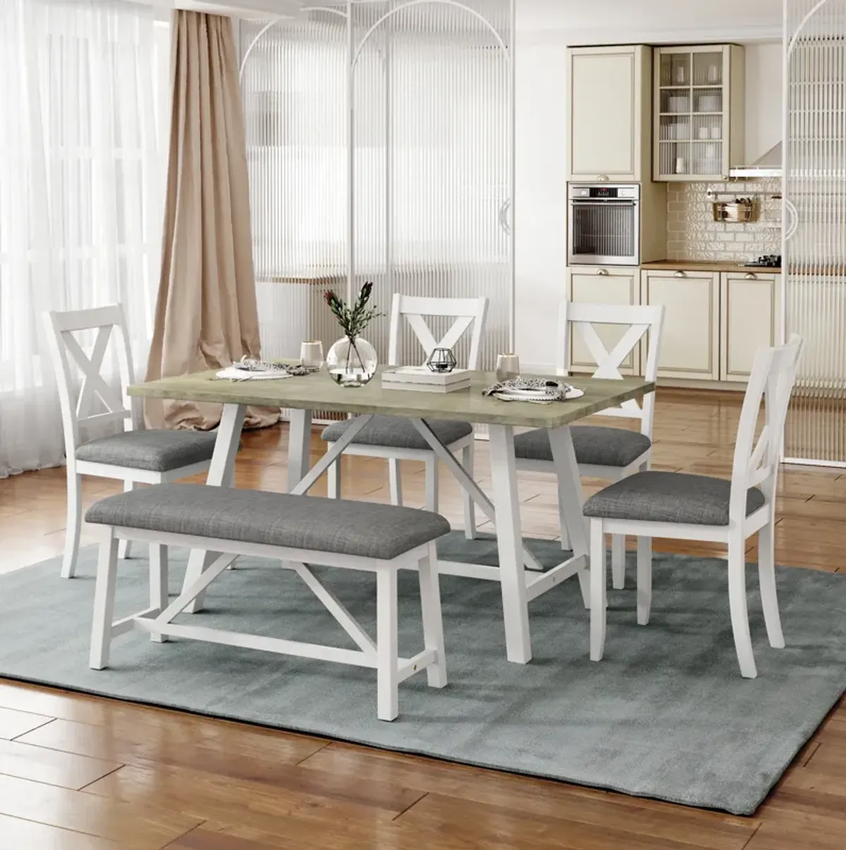 Merax 6 Pieces Dining Table Set with Bench and 4 Chairs