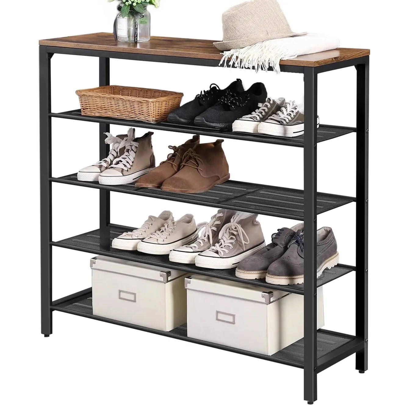 QuikFurn Modern Industrial Style 5-Tier Black Metal Shoe Rack with Brown Wood Top