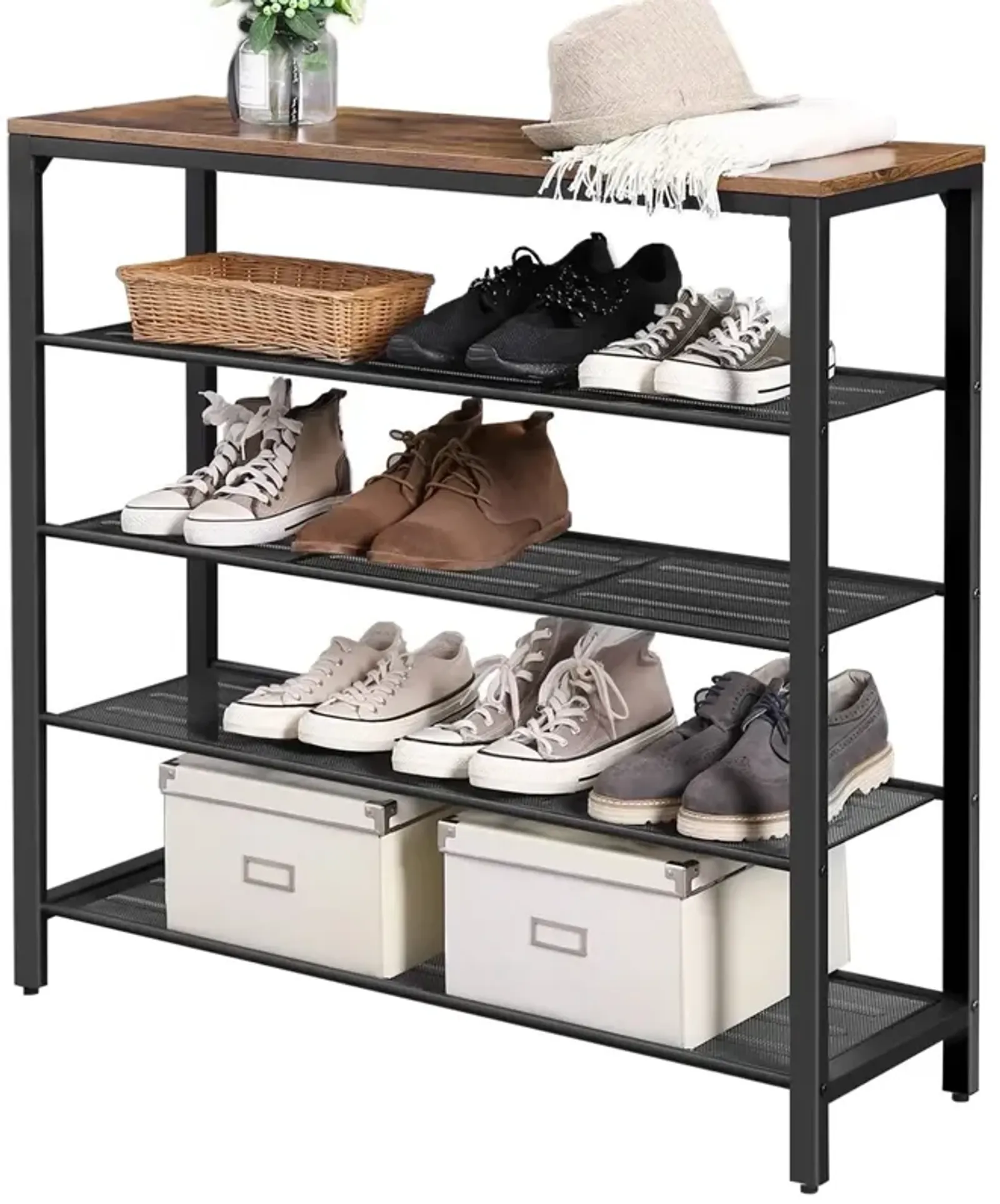 QuikFurn Modern Industrial Style 5-Tier Black Metal Shoe Rack with Brown Wood Top