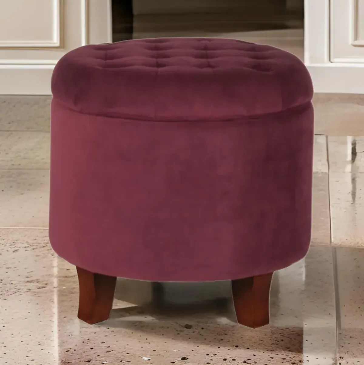 Button Tufted Velvet Upholstered Wooden Ottoman with Hidden Storage, Red and Brown - Benzara