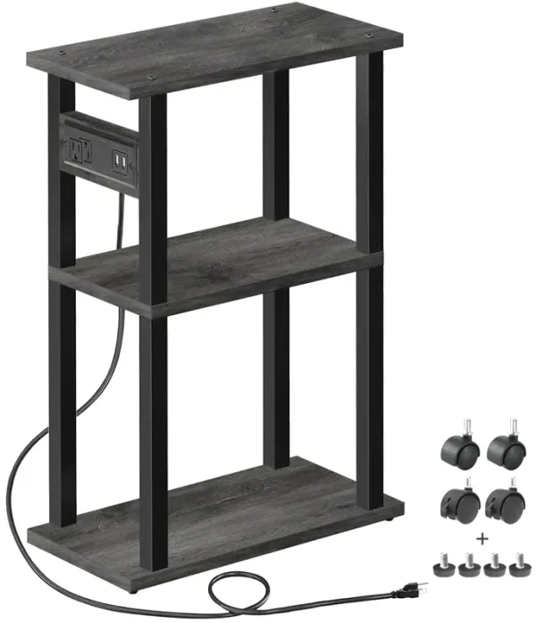 TUTOTAK Small Narrow Side Table with Charging Station, Skinny End Table for Small Spaces, Slim Nightstand with USB Ports and Out