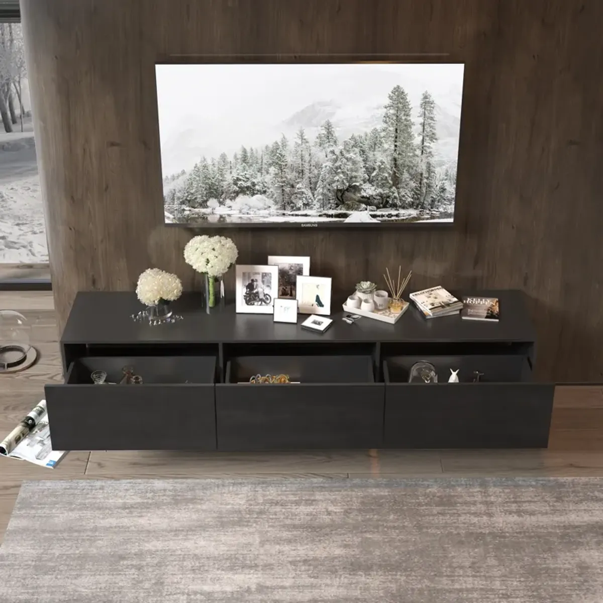 FUFU&GAGA Modern Floating TV Stand with 3 Spacious Drawers, (63" W x 13.8" D x 9.8" H),White