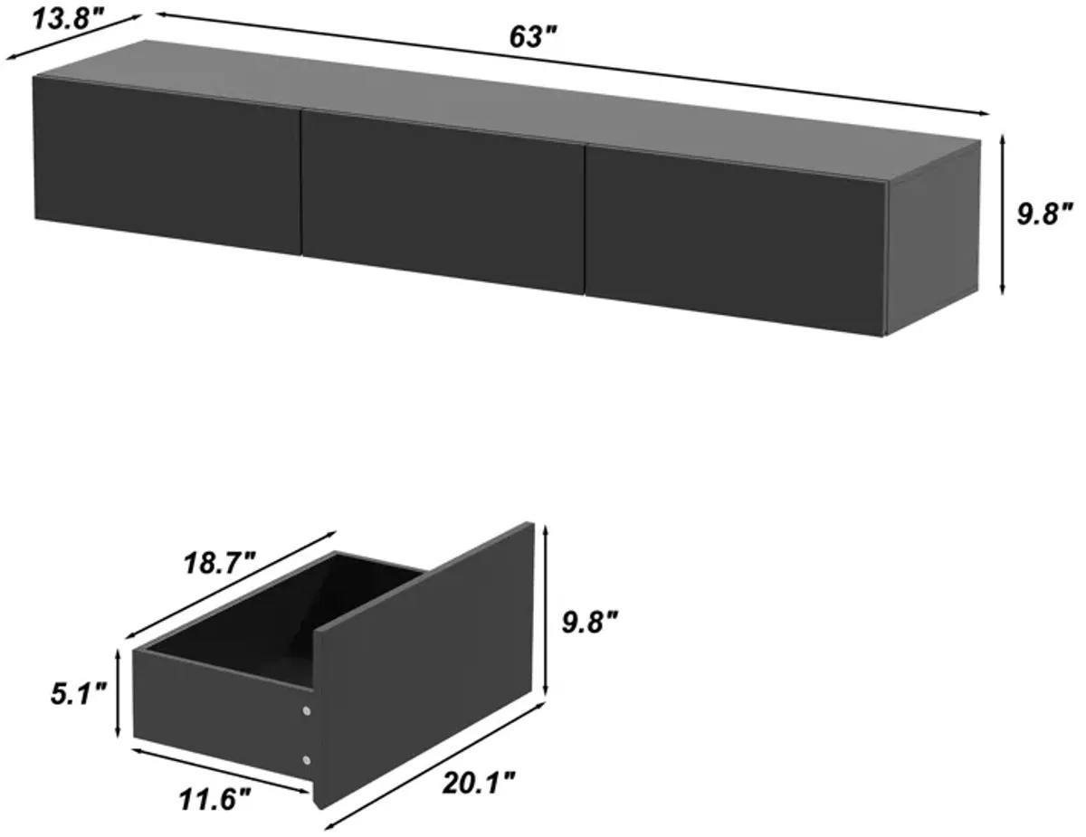 FUFU&GAGA Modern Floating TV Stand with 3 Spacious Drawers, (63" W x 13.8" D x 9.8" H),White